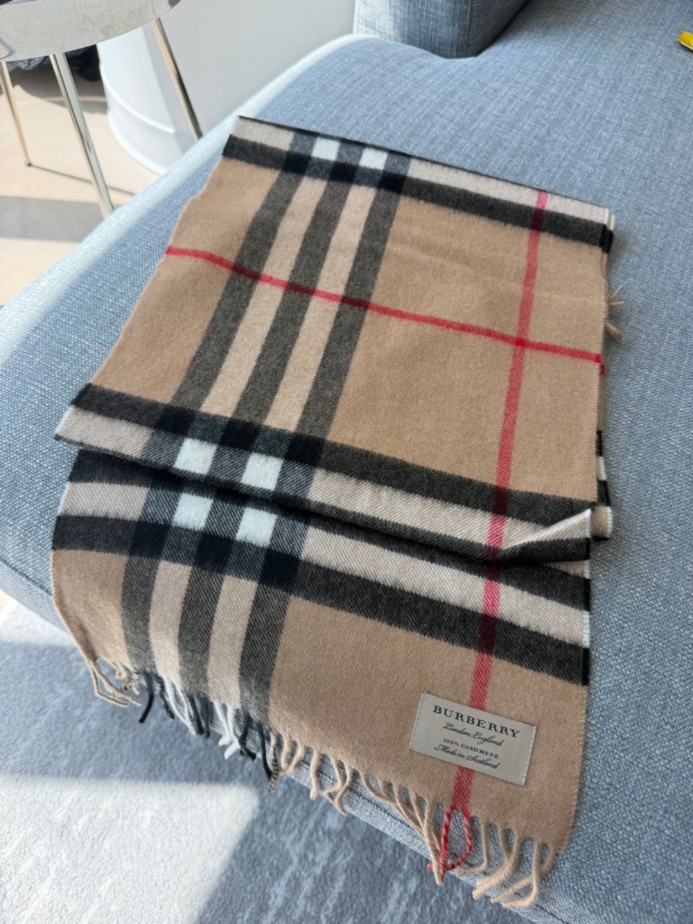 Burberry Tan Classic Check Wool Scarf with Black, White & Red Stripes Authentic - Picture 3 of 4